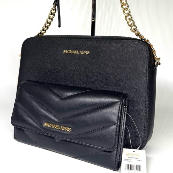Michael Kors Handbags - Michael Kors Large Logo Crossbody Bag & Matching Quilted Trifold Wallet Black